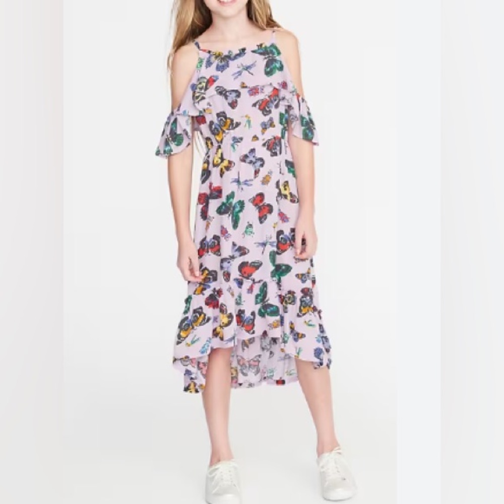 Old Navy White Butterfly-Print Cold-Shoulder Midi for Girls-Size S (6-7)